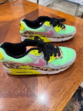 Nike Air Max 90 LX Denim Leopard Neon Green Pink Leopard Print Casual Sneakers